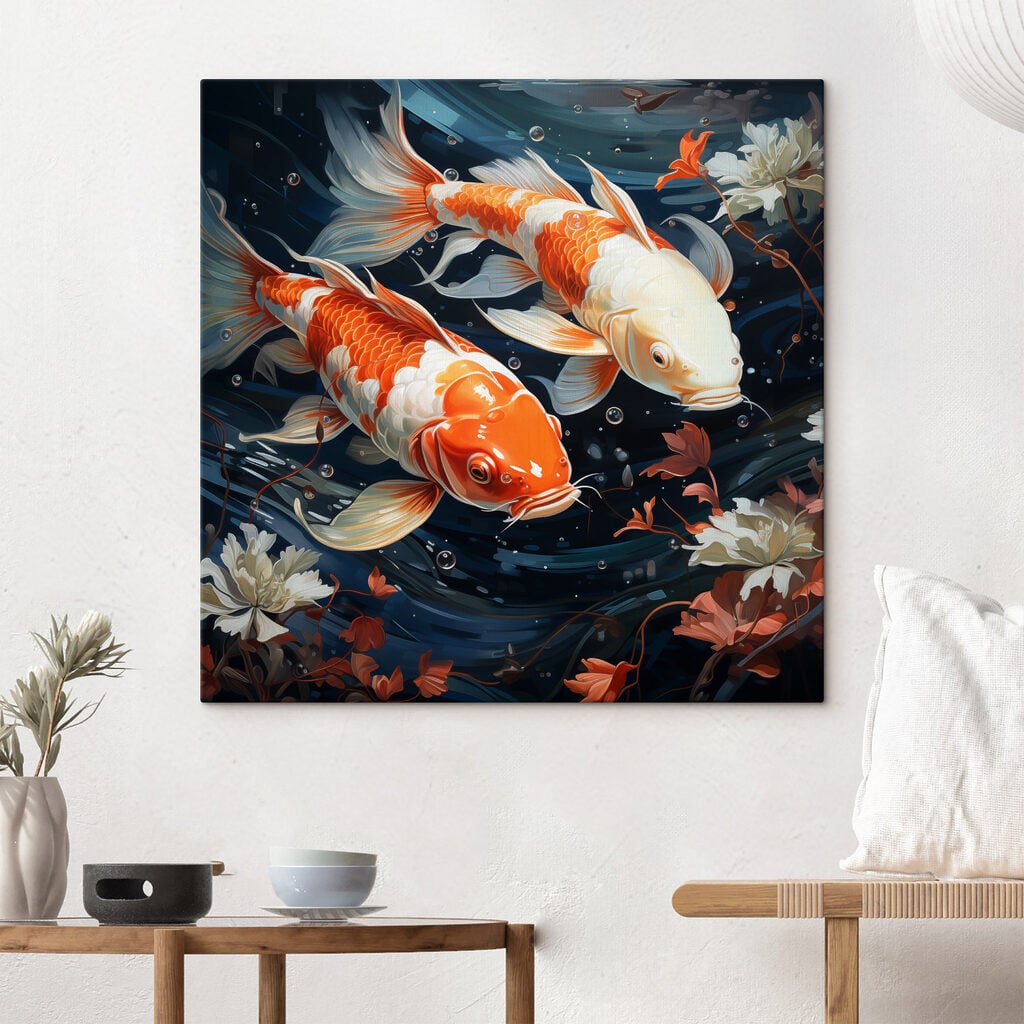 Couple of orange and white fish swimming in water