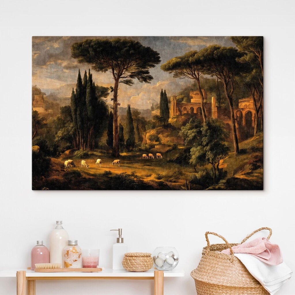 Painting of a landscape with trees and a building