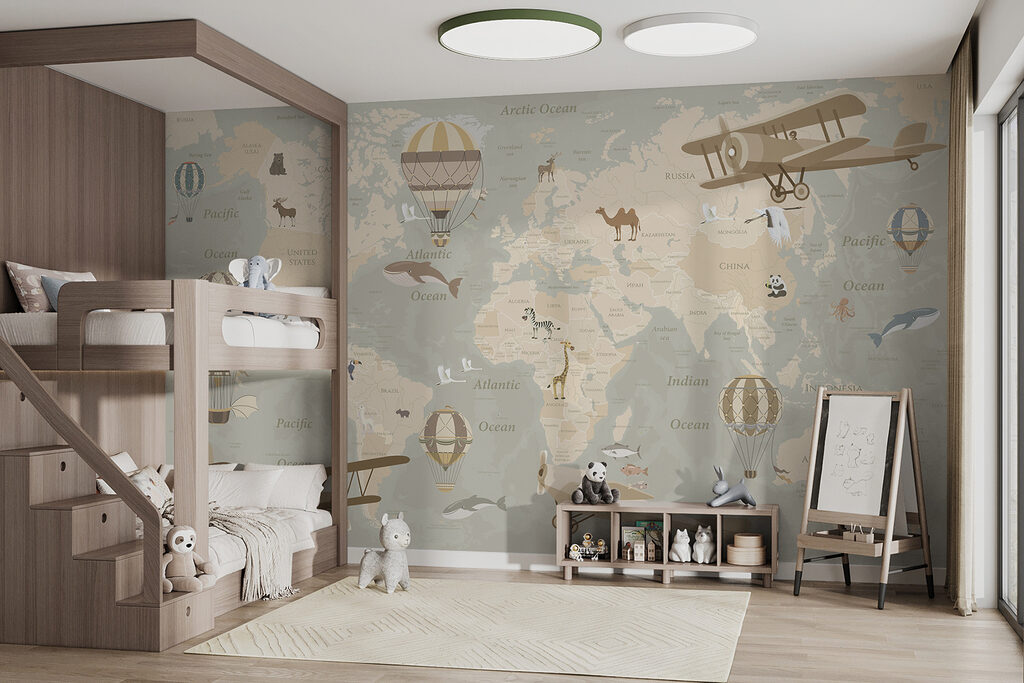 A map of the world with airplanes and hot air balloons A map of the world with airplanes and hot air balloons