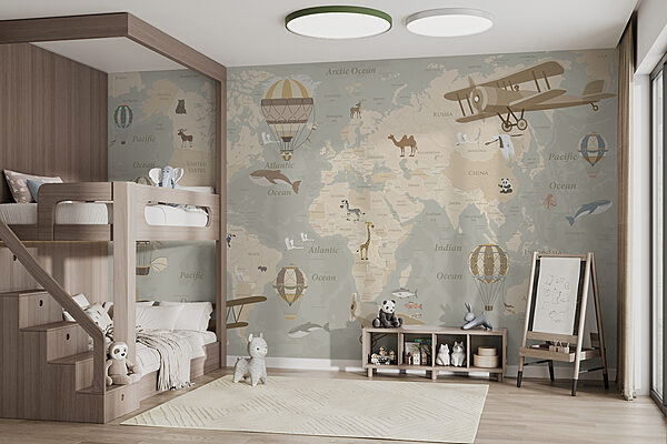 A map of the world with airplanes and hot air balloons A map of the world with airplanes and hot air balloons