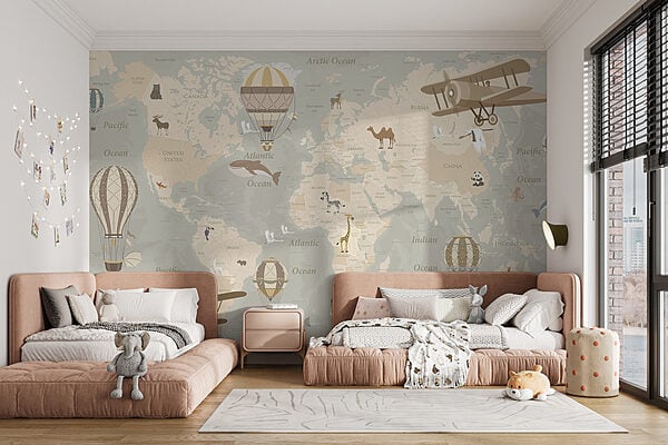 A map of the world with airplanes and hot air balloons A map of the world with airplanes and hot air balloons