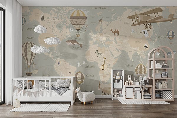A map of the world with airplanes and hot air balloons A map of the world with airplanes and hot air balloons