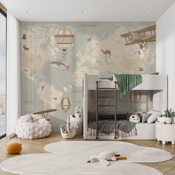 A map of the world with airplanes and hot air balloons A map of the world with airplanes and hot air balloons