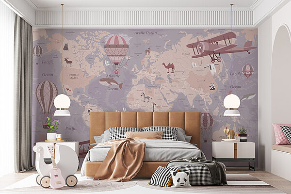 Una mappa del mondo con aeroplani e mongolfiere Una mappa del mondo con aeroplani e mongolfiere