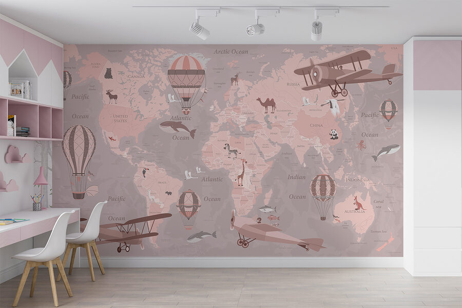 Una mappa del mondo con aeroplani e mongolfiere Una mappa del mondo con aeroplani e mongolfiere